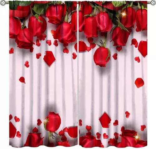 Roses Blackout Curtains Beautiful Red Rose with Heart Shaped and Pink Bacground Rod Pocket Thermal Insulated Drapes Darkening Window Curtain for Bedroom Living Room Kitchen 21x45in x 2