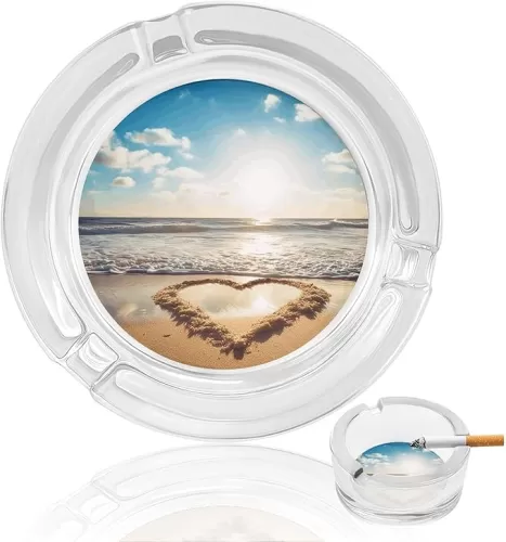 Round Glass Smoking Ashtray, Heart Shape Romantic Beach Print Ashtrays for Cigarettes, Portable Decorative Modern Ashtray for Indoor Outdoor