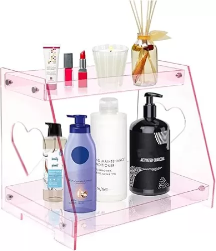 ROYALITA 2 Tier Pink Heart Bathroom Countertop Organizer Display Shelf, Acrylic Tray Makeup Perfume Tray Storage Skincare Organizer for Bathroom Dresser Vanity, Cosmetic Organizer Shelf