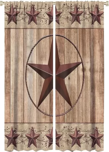 Rusitc Star Berries Curtains, Dark Red Star on Country Farmhouse Wooden Blackout Curtains - Rod Pocket Window Curtain, 2 Panels 63L x 21W Energy Saving Thermal Insulated Drapes for Living Room