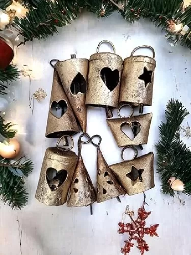 Rustic Cow Vintage Metal Heart Star Cutout Craft Tin Bells Christmas Tree Decoration with Jute Twine, Bringing Festive Charm to Your Holiday Décor