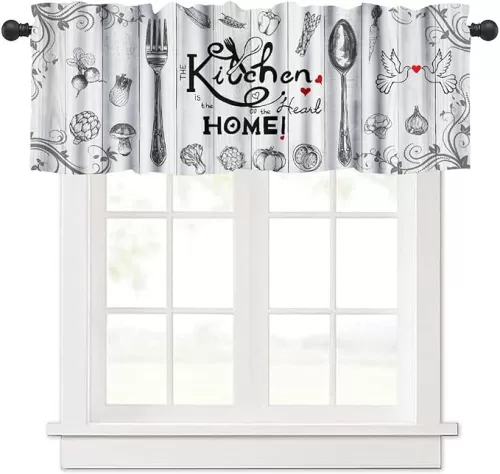 Rustic Fork Spoon Valance, Farmhouse Vintage Wooden Board Farm Vegetables The Kitchen is The Heart of The Home Blackout Window Curtain for Home Kitchen Dining Decor, 54x18inch