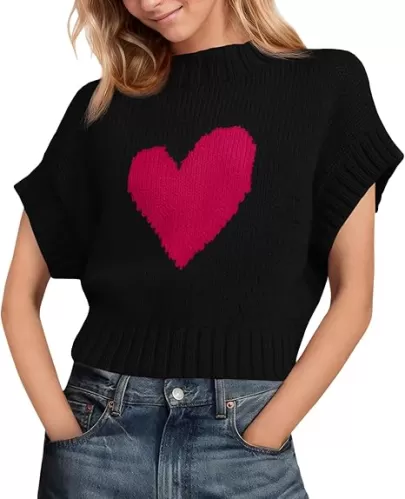 Saodimallsu Womens Cap Sleeve Cropped Sweater Mock Neck Cute Heart Loose Valentine Knit Tank Tops