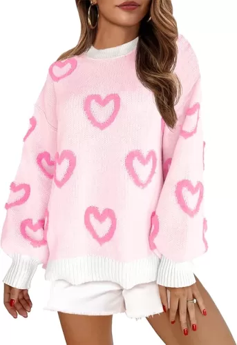 Saodimallsu Womens Heart Sweater Valentines Oversized Cute Winter Chunky Knit Crew Neck Side Slit Pullover Sweaters