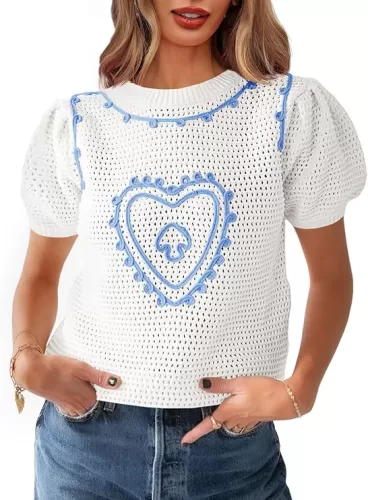 Saodimallsu Womens Valentines Sweater Top Heart Puff Short Sleeve Cute Crew Neck Crochet Going Out Loose Shirts
