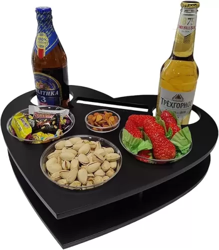 Bamboo Couch Cup Holder Tray, Best Couch Caddy, Snacks, Mugs, Mobile Phones Storage, Heart-Shaped, Easy to Clean, for Leisure Time, Parties, Sofas, Beds, Birthday Gift
