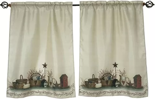 Set of 2 Country Hearts and Stars Design Window Curtain Panels Each 28 X 36 Inches for Everyday Fall Holiday Christmas Decorations Rod Pocket