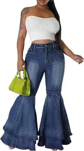 Sexyshine Women's Bell Bottom Jeans High Waist Ruffle Flared Tiered Denim Pants Retro 70s Wide Leg Long Pants