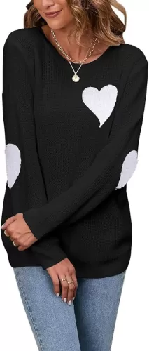 shermie Women's Cute Heart Pattern Elbow Patchwork Knitted Sweaters Long Sleeve Crew Neck Casual Pullover Large Thin Gray