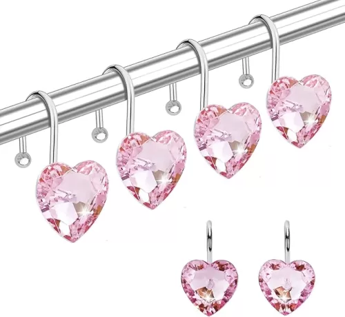 Shower Curtain Hooks Rings for Bathroom, 12PCS Valentines Day Heart Stainless Steel Rust Resistant Decorative Rhinestones Shower Curtain Rings Hangers for Shower Curtains, Clothing, etc.