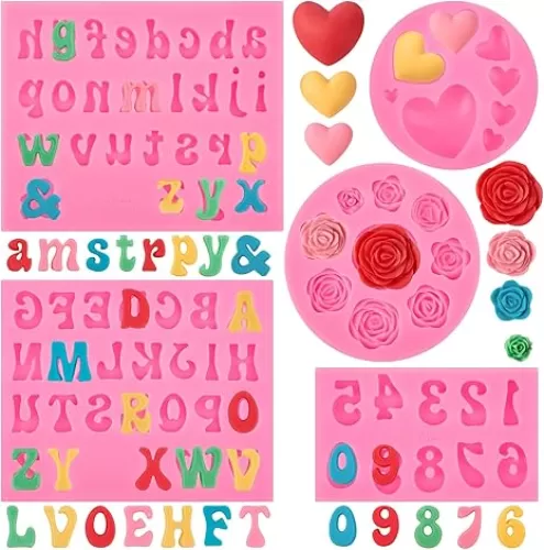 Silicone Letter Molds for Chocolate, 5 Pcs Alphabet Number Rose and Heart Shape Chocolate Molds, Fondant Molds for Candy Cupcake Desserts Cake Decorations