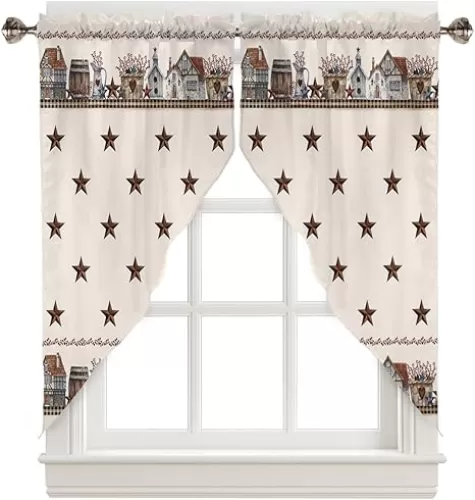 Swag Curtain Valances Rustic Country Star Texas Swag Valances for Kitchen Windows Red Berries Country Rustic Short Topper Curtains Tier Pair for Kitchen Bedroom Living Room Bathroom Cafe 36"x63"
