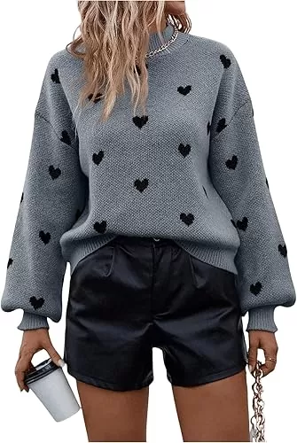 SweatyRocks Women's Oversized Heart Print Sweater Long Lantern Sleeves Mock Neck Cute Pullover Tops