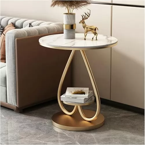 Table Small Coffee Table End Table, 2-Tier Round Side Table with Heart-Shaped Metal Frame Shelves, Modern Small Accent Table for Living Room Bedroom, Small Spaces Coffee Table