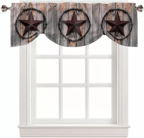 Tie Up Valance Curtain for Kitchen, Rustic Western Country Primitive Red Star Rod Pocket Short Curtains Adjustable Tie-Up Shade Valances, Wooden Texture Window Treatment for Bathroom Bedroom