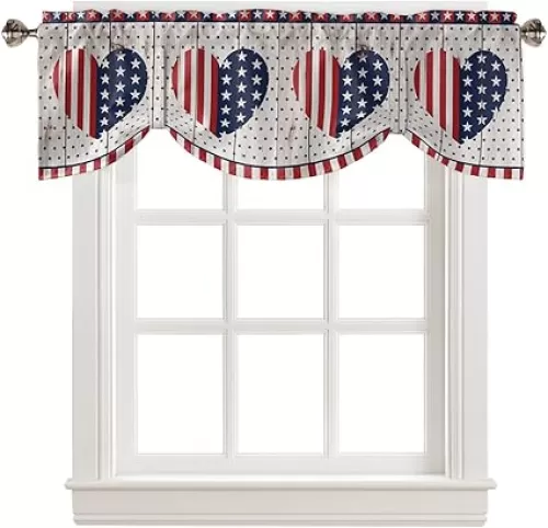 Tie Up Valances for Kitchen Windows, Rustic Country Barn Wood Door Flag Stars with Love Heart Navy, Red Rod Pocket Curtain Valance Window Topper for Bathroom, Adjustable Balloon Drape Valance, 42x18