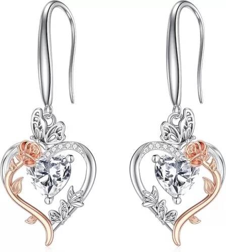 TOUPOP Rose Heart Birthstone Earrings 925 Sterling Silver Butterfly Earrings Love Jewelry Anniversary Birthday Christmas Gifts for Women Wife Her