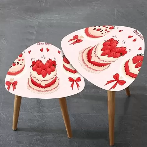 Triangle Nesting Coffee Table Set of 2 Coquette Vintage Heart Shape Cake Strawberries Bow Collection Modern Minimalist Side Table Small End Table Leisure Tea Table Living Room Bedroom Office