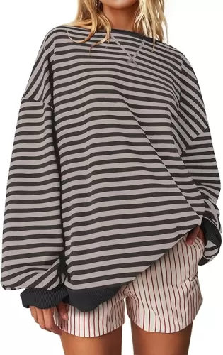 UEU Women Oversized Striped Crewneck Sweatshirt Long Sleeve Color Block Pullover Tops Casual Loose Workout Shirt