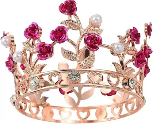 uxcell Mini Crown Cake Toppers, Alloy Queen Princess Little Crown Tiara Cupcake Heart Shaped with Pearl & Rose for Birthday Cake Decor Wedding Party, Rose Gold/White/Rose Red