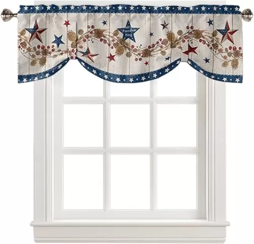 Valances for Living Room, Country Hearts and Stars Tie Up Valance Curtain Kitchen Farmhouse Window Valance for Kitchen Bedroom Bathroom Small Valance 42"x18", Patriotic Barn Pentagram on Wooden Board