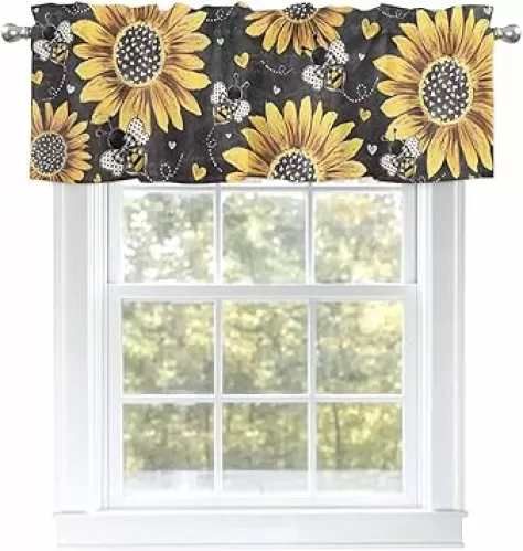 Valances for Windows Sunflower Summer Bee Heart Rod Pocket Short Curtain for Bathroom Cafe Bedroom, Retro Floral Yellow Black 54"x18", 1 Panel
