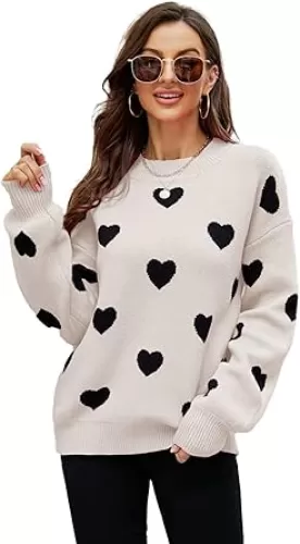Valentine Heart Pullover Sweater Women Love Print Crewneck Long Sleeve Loose Knitted Jumper Thread Cuff Hem Tops