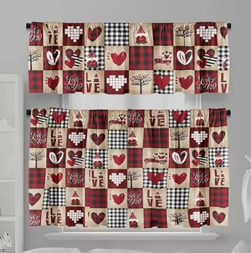 Valentine Love Kitchen Curtains Short and Valance Set Valentine Heart Gnome Truck Plaid Dining Room Fabric Curtain Drapes Cafe Curtains for Home Decor