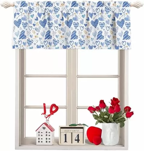 Valentines Curtain Valance for Windows Blue Love Heart Rod Pocket Valance Window Treatments Balloon Stripe Spot Romantic Short Curtains for Kitchen Windows Living Room Bedroom Decor 60x18in