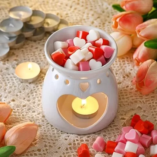 Valentines Day Wax Melts Set Ceramic Tea Light Candle Holder and 30 Pcs Heart Shaped Wax Melts Candle Wax Melt Warmer Valentines Gifts for Scented Wax Scent Oil Candle Home Bedroom Decor