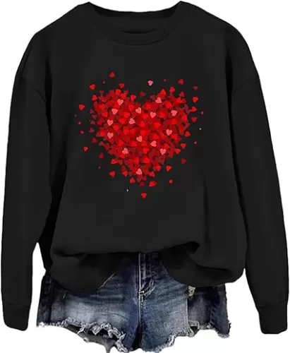 Valentines Sweatshirts for Women Cute Red Love Heart Graphic Pullover Tops Love Day Gift Shirt Long Sleeve Tees