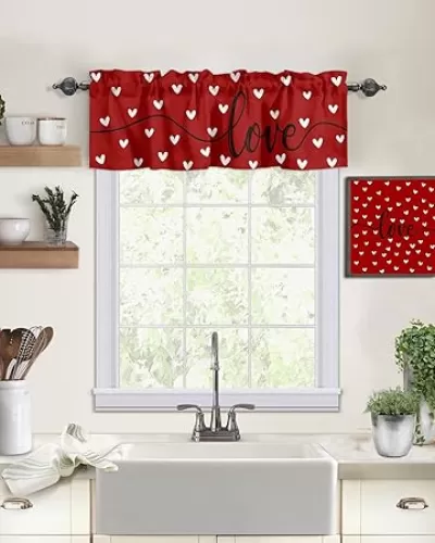 Vandarllin Eucalyptus Love Hearts Kitchen Curtains Valances for Windows Pink Buffalo Plaid Rod Pocket Window Treatment Curtain Toppersfor Kitchen/Living Room/Bedroom/Bathroom, 54" X 18",