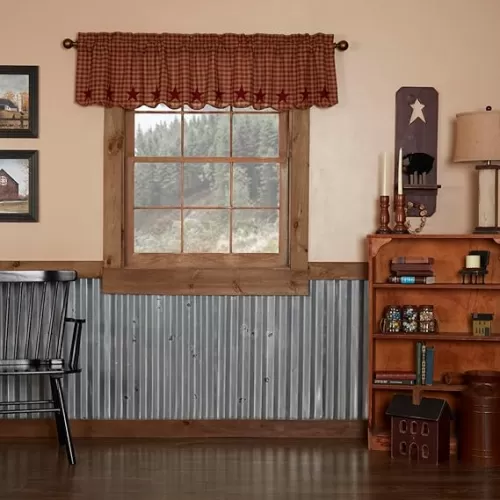 VHC Brands Classic Country Primitive Kitchen Window Curtains-Star Red Scalloped Tier Pair, L36 x W36, Burgundy