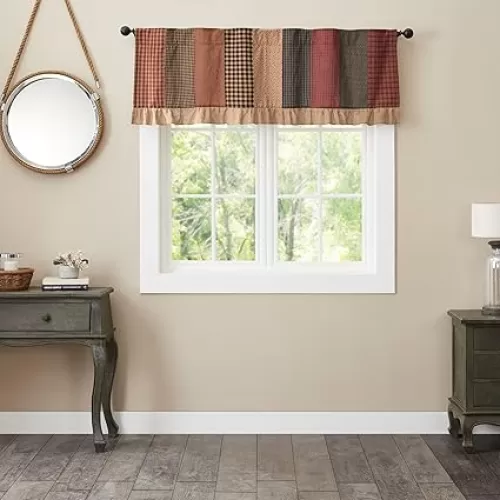 VHC Brands Maisie Primitive Country Kitchen Curtain, Red Patchwork Valance 19x60