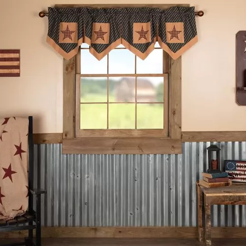 VHC Brands Patriotic Patch Star Cotton Primitive Kitchen Curtains Rod Pocket Hanging Loops Appliqued 20x72 Valance, Deep Red