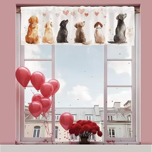 Watercolor Dogs Love Curtains Valances Rod Pocket Happy Valentine