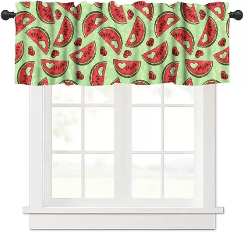 Watermelon Valance Curtains, Watercolor Funny Green Red Heart Fruit Geometric Line Sketch Seamless Pattern Home Decor Short Window Treatments Drapes for Bedroom Living Room Kitchen 54x18in x1 Panel