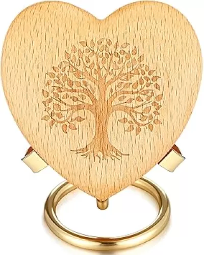 Weysat Heart Shaped Keepsake Urn for Ashes Small Bamboo Cremation Urn with Tree of Souls Engraving & Metal Stand for Human or Pet Ashes for (3" x 3" x 1. 2")