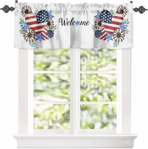 Window Valance Rod Pocket Short Curtains Rustic USA Heart Flag Floral Valances for Kitchen, 4th of July Stripes and Stars Curtain Valance Window Treatment for Bedroom Living Room Bathroom 42x18in