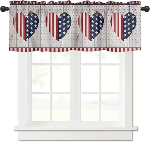 Window Valances for Kitchen Rustic Country Barn Wood Door Flag Stars with Love Heart Navy, Red Windows Treatments Curtains Rod Pocket Valances for Living Room Farmhouse Bathroom Bedroom Decor 54" x 18"