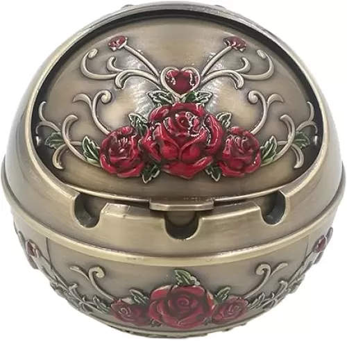 Windproof Ashtray with Lid - Metal Portable Outdoor and Indoor Ball Ashtray - Red Rose, Bronze