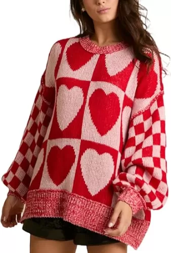 Women Checkered Holiday Oversized Sweater Cute Plaid Print Crewneck Sweatshirt Y2k Knit Puff Sleeve Chunky Jumpers
