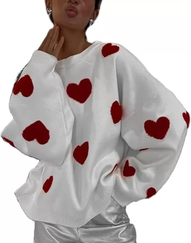 Women Cute Oversized Sweater Y2k Heart Print Long Sleeve Knit Pullover Jumper Crewneck Loose Sweaters Top