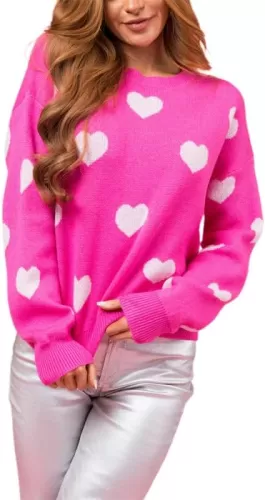 Women Heart Print Knit Pullover Sweater Long Sleeve Round Neck Love Pattern Sweaters Trendy Valentine Knitted Sweater