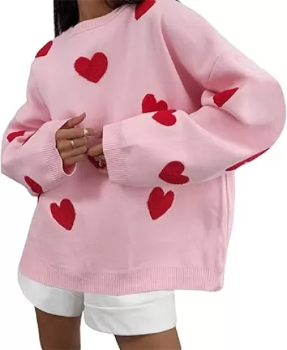 Women Heart Print Sweater Cute Love Graphic Long Sleeve Knitted Sweatshirt Oversized Shirt Top