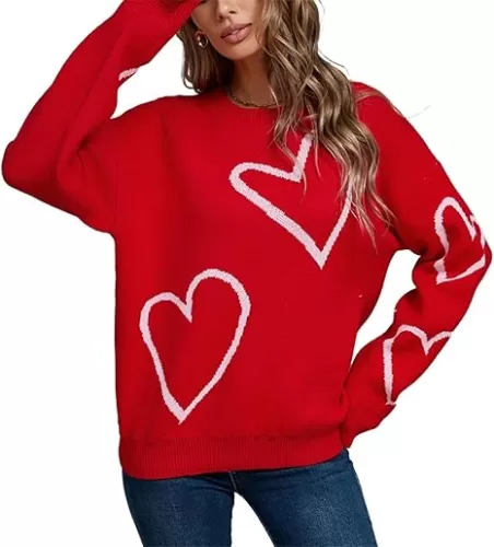 Women Heart Sweaters Long Sleeve Loose Fit Pullover Tops Valentines Day Knit Sweater for Teen Girls Streetwear