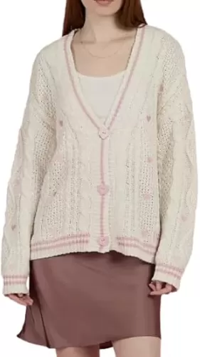 Women Knit Lover Cardigan V Neck Knitted Sweatshirt Hearts Embroidery Cute Sweaters Pink Oversized Button Down Outwear Lvory