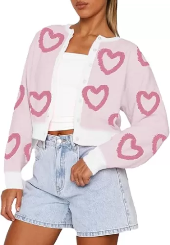 Women Valentines Crop Sweater Cardigan Love Long Sleeve Heart Printed Y2k Button Down Knitted Shirt Top