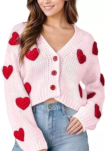 Women Cropped Cardigan Sweaters Love Heart Printed Open Front Button Down Knit Sweaters Tops(Pink-M)