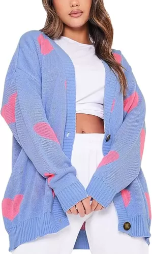Women Valentines Day Heart Sweater Cardigan Casual Button Open Front Long Sleeve Knit Sweater Outerwear